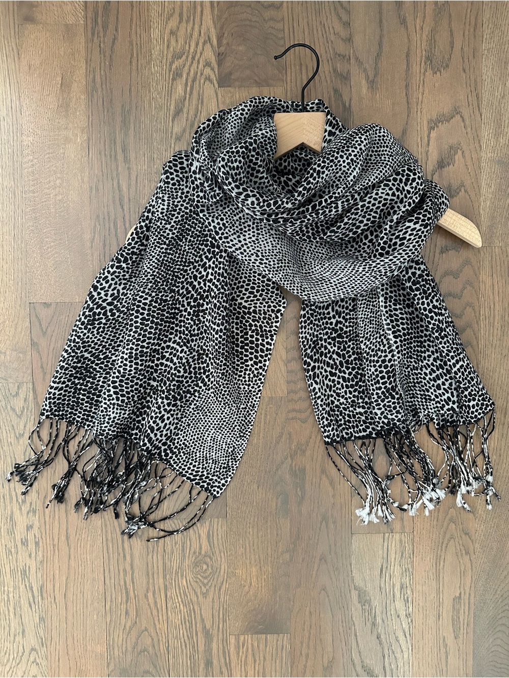 J. McLaughlin Wool Woven Animal Print Oblong Fringe Scarf Black and Cream 78"l